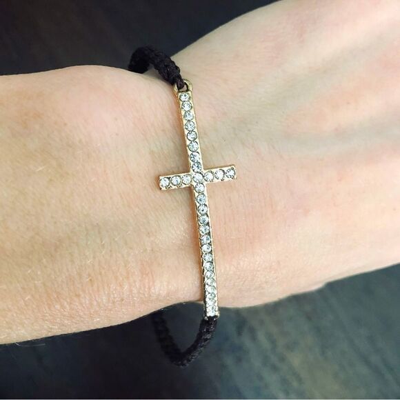 Rhinestone Crystal Delicate Gold Cross Bracelet - Picture 1 of 2